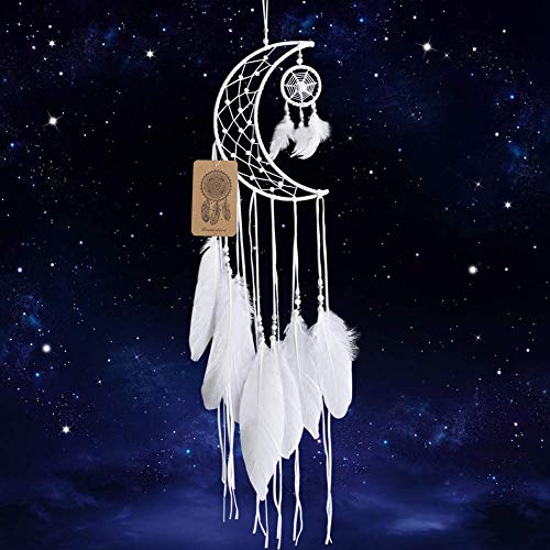 Book Cover Dremisland Dream Catcher New Moon Design Handmade White Feather Wall Hanging Home Decoration Ornament Craft Gift (White Moon)