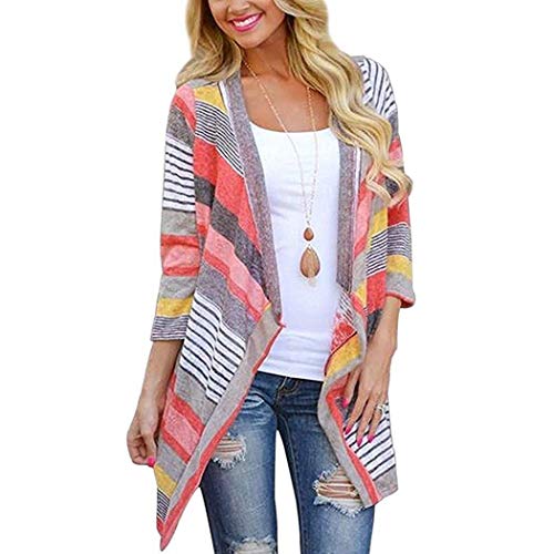 Meflying Women Casual 3/4 Sleeve Patchwork Asymmetry Hem Loose Long Cardigan Cardigans Red