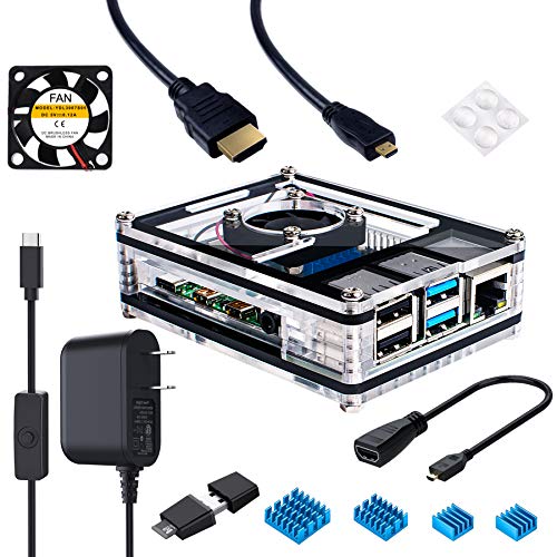 Miuzei Case for Raspberry Pi 4 with Fan, 3A USB-C Power Supply, 1.5M Micro HDMI Cable, HDMI-Micro HDMI Adapter, 4 Aluminum Heat Sinks, USB Card Reader (Raspberry Pi 4 Not Included