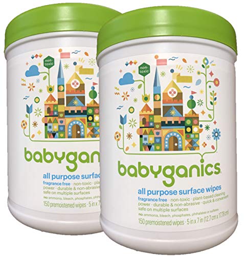 Babyganics All Purpose Surface Wipes, Fragrance Free, 300 Count (Contains Two 75-Count canisters)