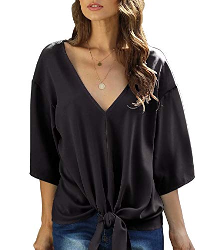 Aixy Black Blouses for Women Summer Work Tops Front Knot Batwing Casual Shirt