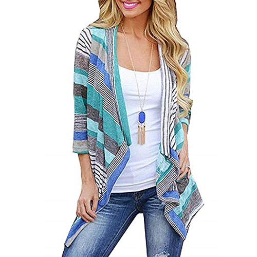 Meflying Women Casual 3/4 Sleeve Patchwork Asymmetry Hem Loose Long Cardigan Cardigans - Blue - Medium