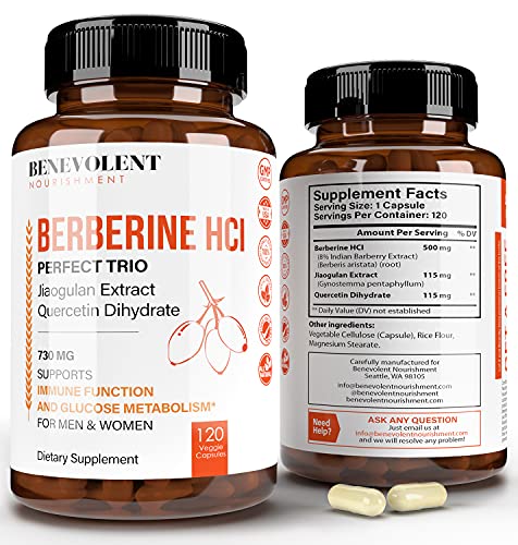 Premium Berberine HCL 730mg - 120 VCAPS Perfect Trio Complex with Non-GMO Jiaogulan & Quercetin, Support Blood Sugar Health & Glucose Metabolism, Immune, Cardiovascular, Gastrointestinal Function