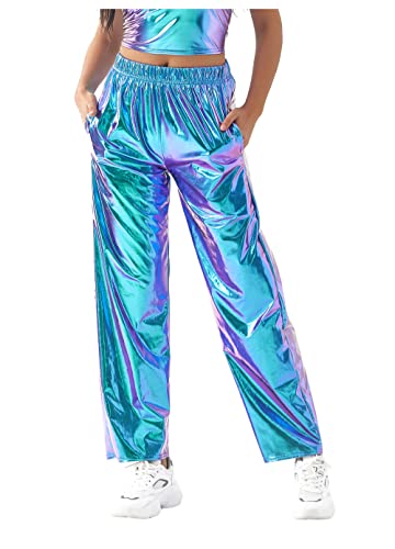 Liliam Women's Shiny Metallic Jogger Pants Holographic High Waist Tapered Sweatpants Hip Hop Trousers Streetwear