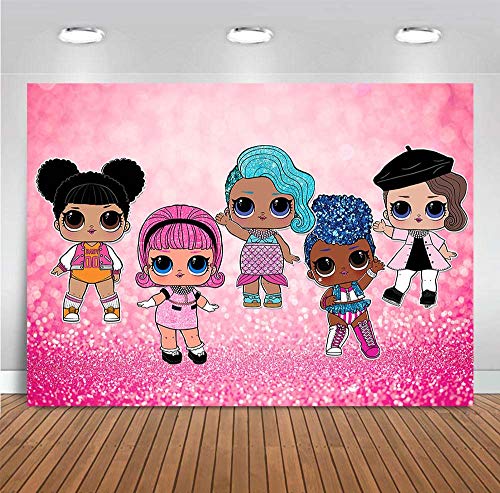 Book Cover Cartoon Doll Girls Toy Sweet Photography Backdrops Newborn Baby Shower for Children Vinyl Hot Pink Bokeh Glitter Sequin Photo Backgrounds Kids Birthday Party Decoration Dessert Table 5x3ft Photo Booth