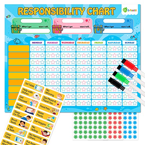 Book Cover D-FantiX Magnetic Responsibility Chart, Chore Chart for Multiple Kids, My Star Reward Chart Daily Routine Good Behavior Charts Dry Erasable for Toddlers at Home