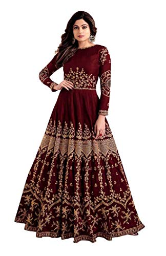 Book Cover Fast Fashions Women's Embroidered Taffeta Silk Semi Stitched Anarkali Gown (Maroon_Free Size)