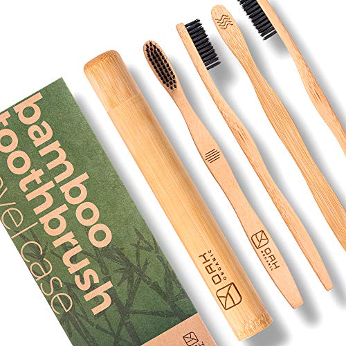 OAK ORGANIC Biodegradable Bamboo Toothbrush Soft Charcoal bristles â€“ Pack of 4 Toothbrushes with Travel Case - Get Sparkling Clean Teeth â€“ Natural Soft Compostable Wooden Eco Toothbrush