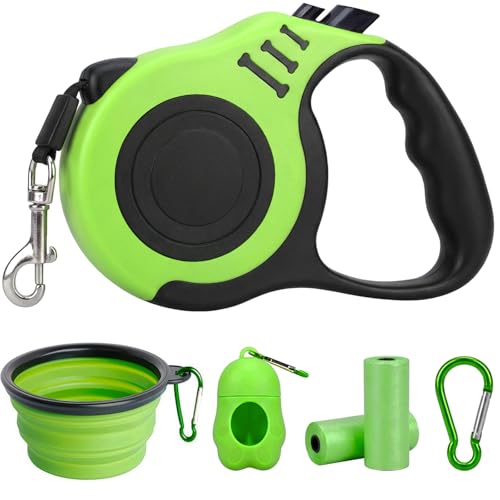 PETIMP Retractable Dog Leash Lightweight 16FT Leash, with Folding Bowl,Dispenser,Waste Bags, for Small Medium Dogs(Green)