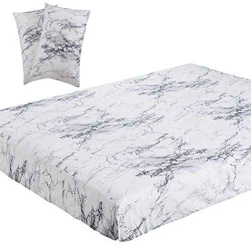 Book Cover Vaulia Lightweight Microfiber Sheets, White Marble Pattern, Full Size 3-Piece Set (1 Fitted Sheet, 2 Pillowcases)