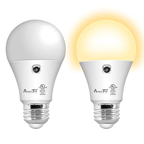Dusk-to-Dawn Light Bulb-2 Pack , AmeriTop A19 LED Sensor Light Bulbs; UL Listed, Automatic On/Off, 800 Lumen, 10W(60Watt Equivalent), E26 Base, 3000K Warm White, Indoor/Outdoor Lighting Bulb