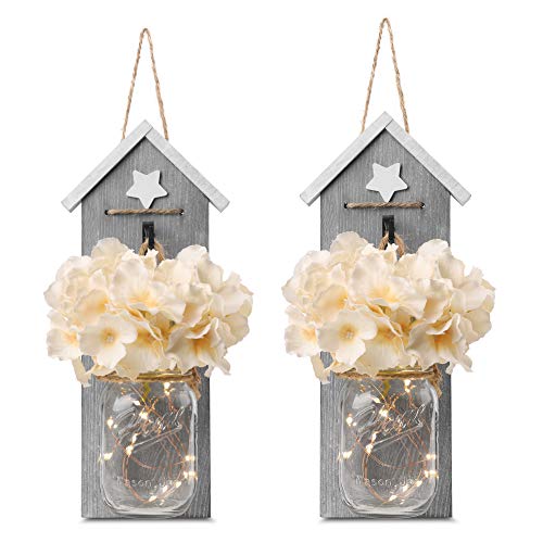 GBtroo Rustic Mason Jar Sconce Set of Two - Home Decor Hanging Wall Sconces Jars with LED Fairy Lights for Kitchen, Bathroom, Bedroom Decoration - Vintage,with 6 Hours Timer Farmhouse Decorations