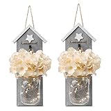 GBtroo Rustic Mason Jar Sconce Set of Two - Home Decor Hanging Wall Sconces Jars with LED Fairy Lights for Kitchen, Bathroom, Bedroom Decoration - Vintage,with 6 Hours Timer Farmhouse Decorations