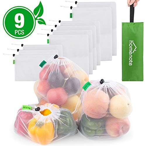 Book Cover HOMENOTE 9 Pcs Heavy Duty Reusable Mesh Produce Bags, Barcode Scanable See Through Mesh Bags for Fruits, Vegetable, Food, Toys, Grocery Storage, Large Medium Small
