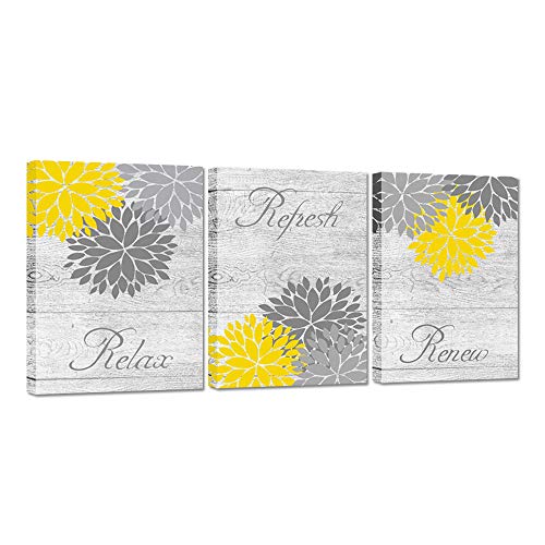Book Cover ZingArts 3 Pieces Yellow Gray Bathroom Wall Art Prints Dahlia Flowers Relax Refresh Renew Signs on Rustic Wood Background Stretched and Framed for Bedroom Living Room Ready to Hang 12