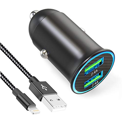 SNGG Car Charger, Mini Dual Port USB Fast Car Charger Adapter with 24W/4.8A Output Compatible for iPhone Xs/Max/XR/8/7/6, iPad Pro/Mini, with 6ft Nylon Braided Charging Cable