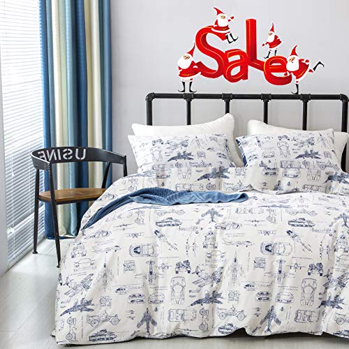 Wellboo Aircraft Bedding Sets Boys Train Military Cars Duvet Cover White Plane Kids Duvet Cover Twin Cartoon Children Cotton Transport Tank Quilt Covers White and Blue Boys Duvet Cover Soft No Insert