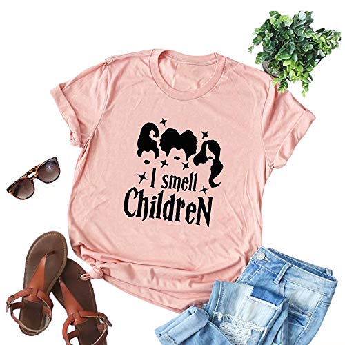 AEKCU Women T-Shirt Halloween I Smell Chidren Letter Printed Round Neck Short Sleeve Funny Novelty T-Shirt Tees