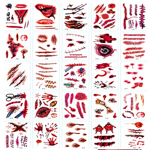 Book Cover Halloween Face Fake Scar Tattoos,30 Sheet Halloween Zombie Makeup Kit Decoration for Kids,Vampire Bite Wounds Cuts Waterproof Fake Blood Tattoo for Party Supplies Cosplay Props