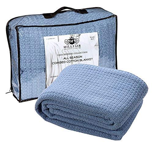Book Cover HILLFAIR 100% Combed Cotton Blanket- California King Size Bed Blankets- Warm Soft All Season Breathable Blankets- Extra Large Oversized California King Blanket- Blue King Bed Cotton Blankets