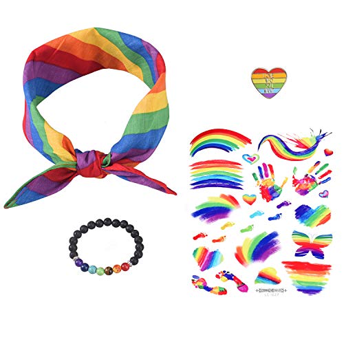 Book Cover Ngulas Gay Pride Accessories Bundle with Chakra Aromatherapy Bracelet, Rainbow Bandana, Heart Flag Enamel Pin and LGBTQ Body Paint Stickers for Parades or Decorations
