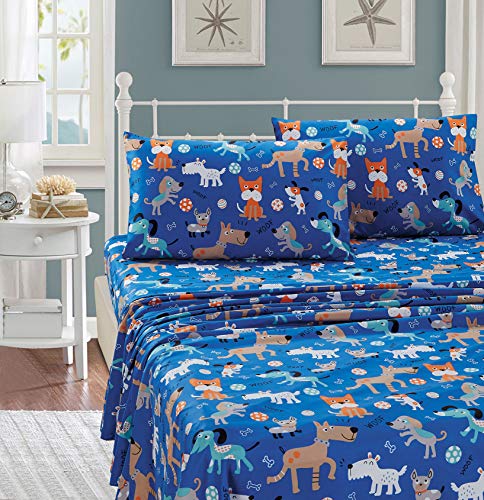 Book Cover Better Home Style Playing Puppy Blue Kids/Boys/Toddler 3 Piece Sheet SetWith Woof Woof Wagging Dogs Pups and Puppies Includes Pillowcase Flat and Fitted Sheets # Blue Dog (Twin)