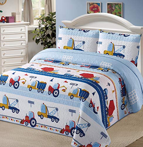 Book Cover Better Home Style White Blue Red Construction Site Kids/Boys/Toddler Coverlet Bedspread Quilt Set with Pillowcases and Tractor Dump Truck Cement Mixer and Excavator # Con Site (Twin)