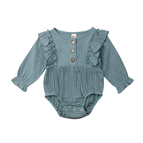 Book Cover LddcryMbb Newborn Infant Baby Girls Long Sleeve Solid Color Romper Jumpsuit Fall Winter Clothes (Lake Blue, 6-12Months)