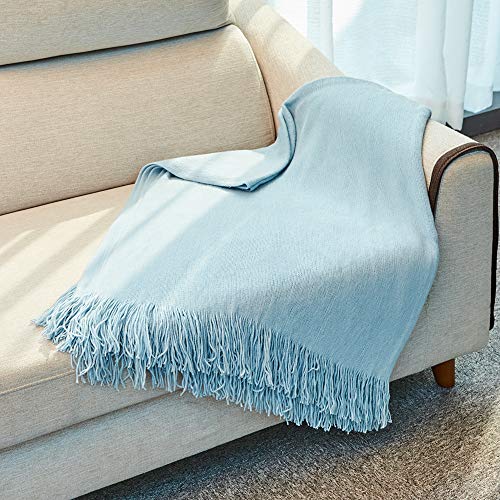 Book Cover INSHERE Christmas Light Blue Solid Color Knit Woven Throw Blanket Cover with Tassels Fringe Soft Cozy Lightweight Winter Home Decor Gift for Couch Bed Living Room Party 51''x67''