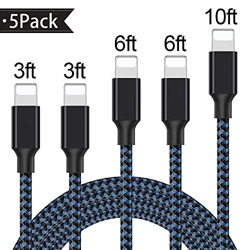 Book Cover iPhone Charger, Mfi Certified Lightning Cables 5Pack 2x3Ft 2x6Ft 10Ft to USB Syncing Data and Nylon Braided Cord Charger for iPhone XS/Max/XR/X/8/8Plus/7/7Plus/6S/Plus/SE/iPad and More