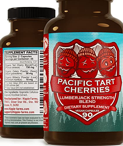 Book Cover Tart Cherry Capsules Grown in USA - Lumberjack Strength Blend - Tart Cherry Powder with Bilberry 90 Vegan Pills