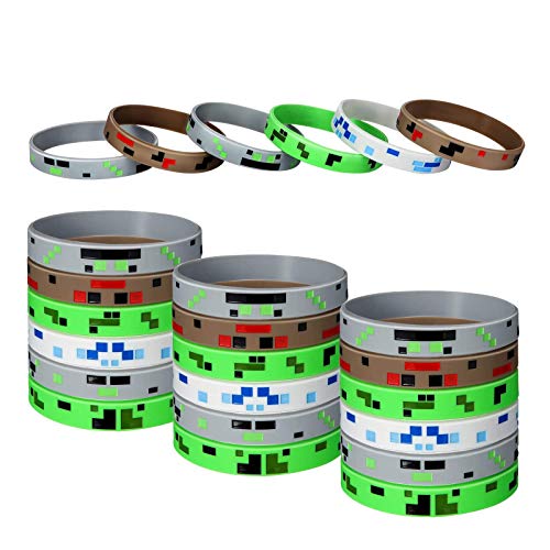 Book Cover 24 Pieces Pixelated Miner Crafting Style Character Wristband Bracelets Silicone Wristbands, Pixelated Theme Bracelet Designs for Mining Themed or Crafting Style Party Supplies (24 Pieces, Style 1)