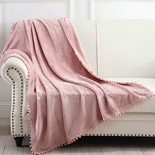 Book Cover NordECO HOME Flannel Throw Blanket - Soft Cozy Warm Blanket with Pompom Fringe for Couch Bed Sofa Chair, 127x152cm, Pink