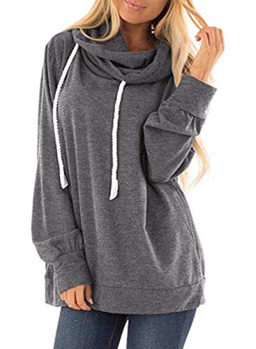 Malaven Women's Cowl Neck Leopard/Plaid/Solid Printed Patchwork Drawstring Pullover Sweatshirt Long Sleeve Tops