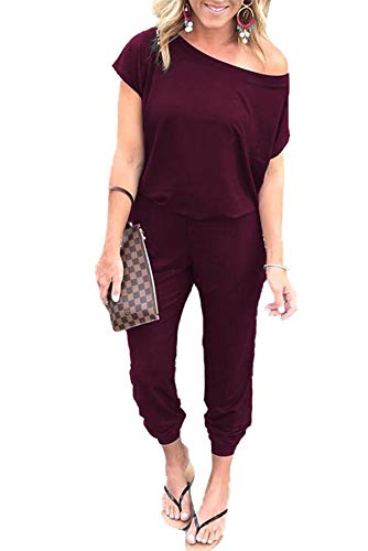 Dressation Women's Elegant Off Shoulder Solid Color Elastic Waist Long Romper Jumpsuit with Pockets Wine Red