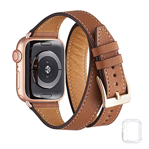 Book Cover Bestig Band Compatible for Apple Watch 38mm 40mm 42mm 44mm, Genuine Leather Double Tour Designed Slim Replacement Strap for iWatch Series 6 SE 5 4 3 2 1 (Brown Band+Rose Gold Connector, 38mm 40mm)