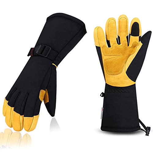 CCBETTER Ski Snow Gloves, Winter Snowboard Gloves for Men Women Waterproof Windproof for Skiing & Snowboarding with 3M Thinsulate Insulated Layers, Wrist Leashes, Nylon Shell, Touchscreen Fingers and Cowhide Leather Palm