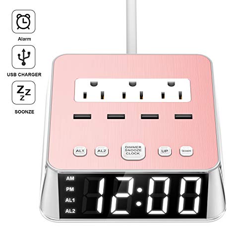 Yostyle Alarm Clock Charger w/4 Surge Protector USB Ports & 3 ACÂ Outlets, 6ft Cord Power Strip Station for Hotel Home,UL Tested (Dual Alarm,4 Dimmer Brightness,Snooze,ON/Off Switch,Battery Backup)