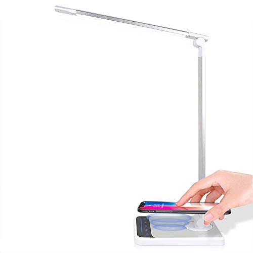 LED Desk Lamp with USB Charging Port, 18W Eye-Caring Table Lamps with Wireless Charging, CFGROW Touch Control 4 Modes 6 Levels Dimmable Office Desk Lamp for Study Reading Sleeping Night Lights, Silver