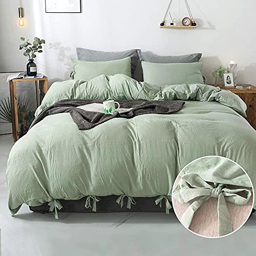 Annadaif Green Duvet Cover Queen Size, 3 Pieces Soft Washed Microfiber Duvet Cover Set ,Comforter Cover with Bowknot Bow Tie (1 Duvet Cover 90x90 Inch, 2 Pillowcases) Easy Care Bedding Set
