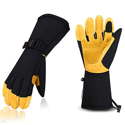 CCBETTER Ski Snow Gloves, Winter Snowboard Gloves for Men Women Waterproof Windproof with 3M Thinsulate Insulated Layers, Wrist Leashes, Nylon Shell, Touchscreen Fingers and Cowhide Leather Palm