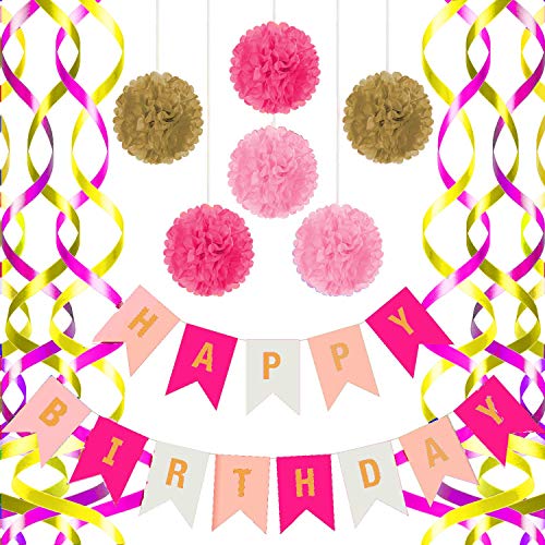 Happy Birthday Banner, With 6 Pom Pom Color Gold, Pink And Dark Pink, With 6 Hanging Swirls Pink and Gold, Birthday Decorations
