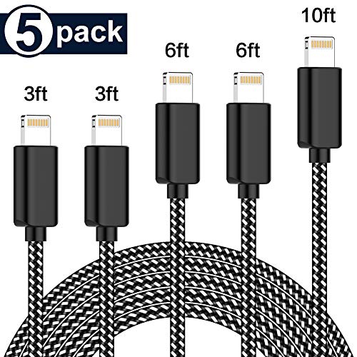 Book Cover PLmuzsz MFi Certified iPhone Charger Lightning Cable 5 Pack Extra Long Nylon Braided USB Charging & Syncing Cord Compatible iPhone Xs/Max/XR/X/8/8Plus/7/7Plus/6S/6S Plus/SE/iPad/Nan More