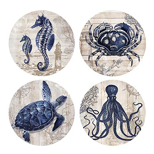 Book Cover Absorbent Coasters Natural Ceramic Thirsty Stone Navy Blue Octopus Seahorse Crab Turtle Ocean Theme Coaster Set for Drinks Cork Backing (sea Animals)â€¦