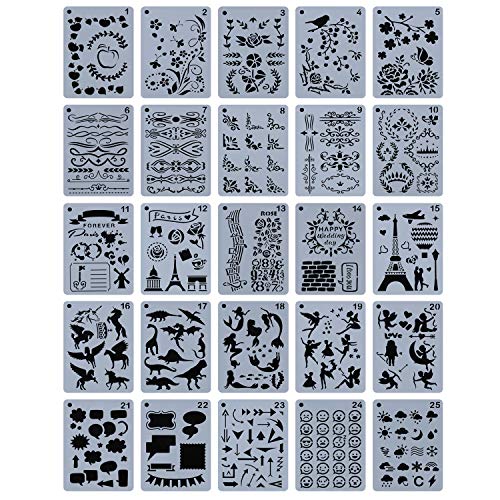 YUEAON 25-Pack 5" x 7" Journal Stencils Drawing Floral Template Stencil Supplies for DIY Bullet Scrapbook Notebook Dairy Planner Craft