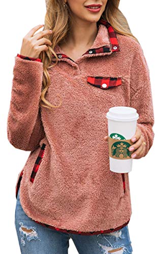 Angashion Women's Sweatshirt-Casual Fuzzy Sherpa Fleece Button Collar Pullover Sweatshirt Outwear Tops Coat with Pockets