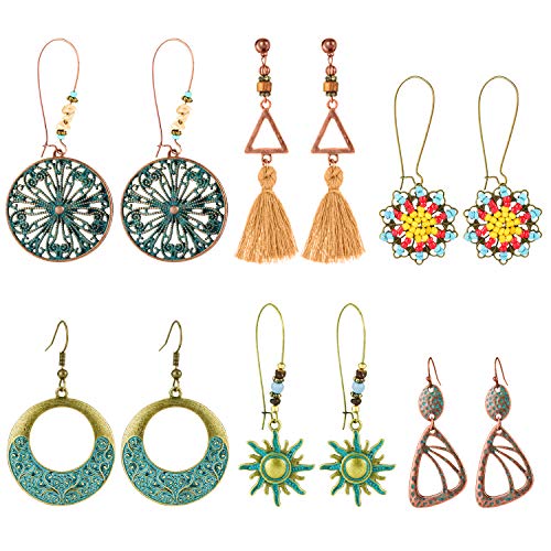 6 Pairs Bohemian Vintage Drop Earrings for Women National Style Bronze Color Alloy Geometric Hollow Pendant Earrings Set