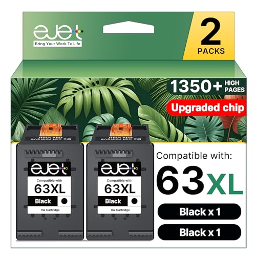 ejet Remanufactured Ink Cartridge Replacement for HP 63 XL 63XL to use with OfficeJet 5255 5258 4650 3830 3833 Envy 4520 4512 4516 DeskJet 1112 2130 2132 3630 3634 printers(2 Black,with Upgraded Chip)
