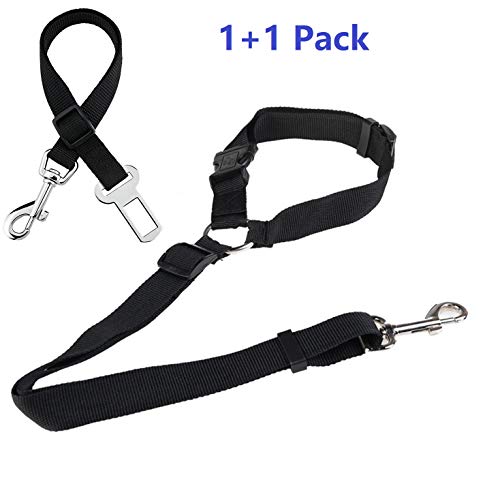 Taosings for Dog Seat Belt, Dog Car Leash, Dog Car Harnesses, Nylon Adjustable Dog Vehicle Restraint Safety Belt for Pet Cat Dog [1+1 Pack] (Black Car Belt for One Dog)