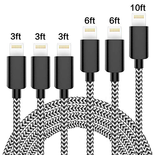 Vertebraid iPhone Charger, MFi Certified Cable 6Pack 3FT 3FT 3FT 6FT 6FT 10FT Extra Long Nylon Braided USB Fast Charging& Syncing Cord Compatible with iPhone/XS/XR/X/8/8Plus/7/7Plus/6S/6Plus/Pad More